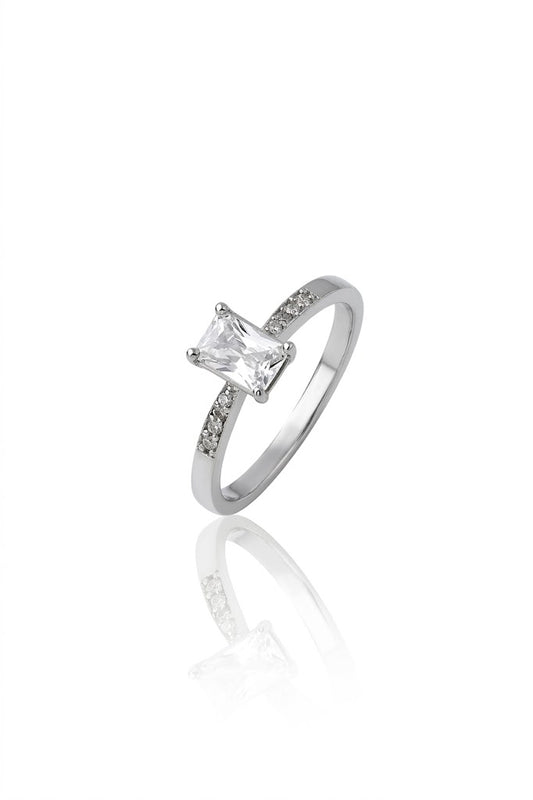 925 Sterling Silver Ring Women American Diamond Emerald Cut Solitaire Wedding Band