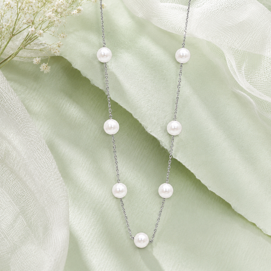 White Pearl Station Necklace Silver Tone Chain Elegant Long Beaded Necklace