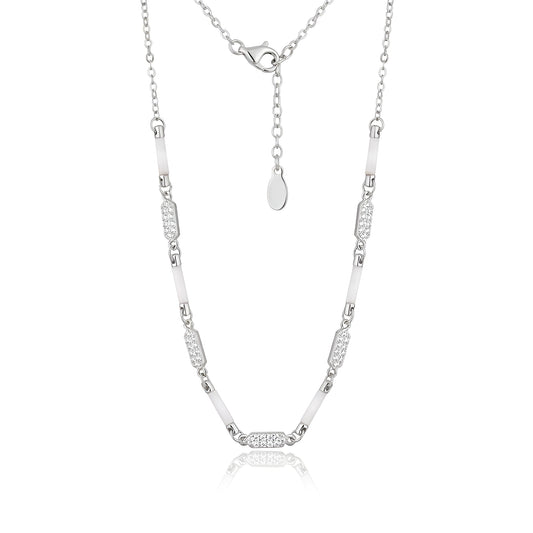 925 Sterling Silver Chain Necklace for Women with American Diamond & White Enamel Bar Accents