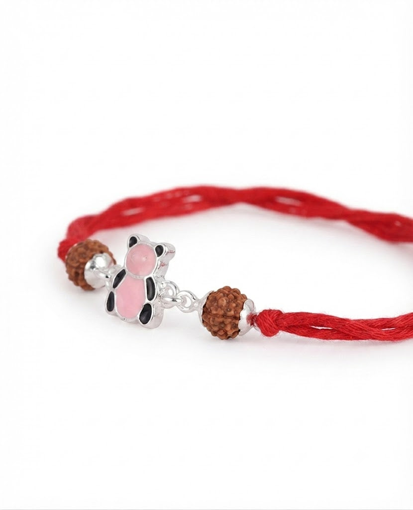 Cute Pink Bear Enamel Silver Rakhi for Kids