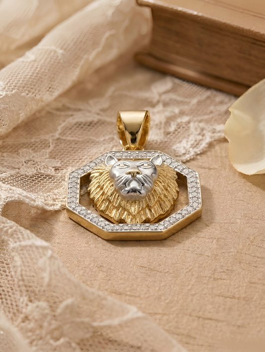 Mens 14K Gold Two Tone Lion Head Pendant