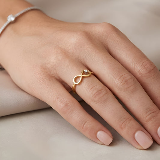 Dainty Moissanite Infinity Ring 9KT Yellow Gold Minimalist Promise Band Gift