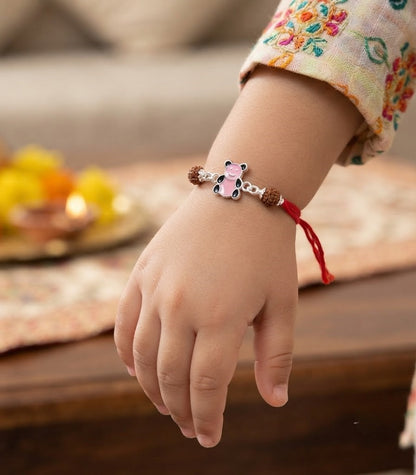 Cute Pink Bear Enamel Silver Rakhi for Kids