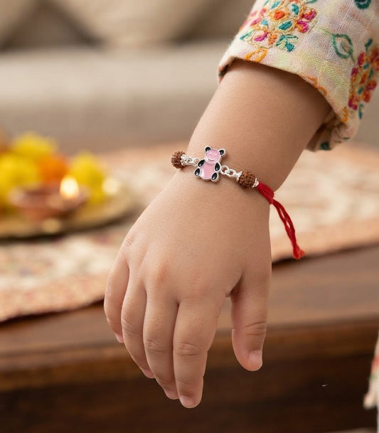 Cute Pink Bear Enamel Silver Rakhi for Kids