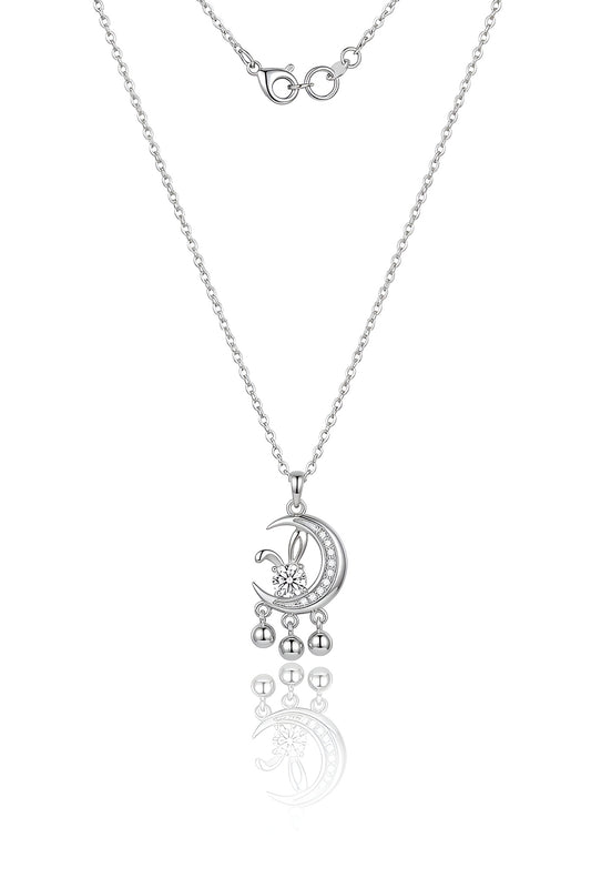 925 Sterling Silver Crescent Moon Pendant Necklace with American Diamond for Women