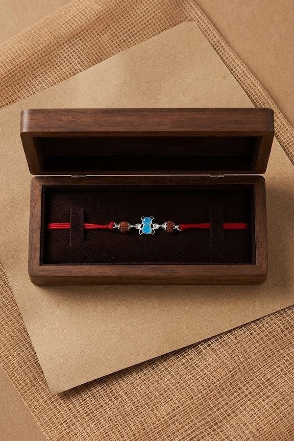 Adorable Bear Cub Silver Rakhi with Rudraksha Beads for Kids