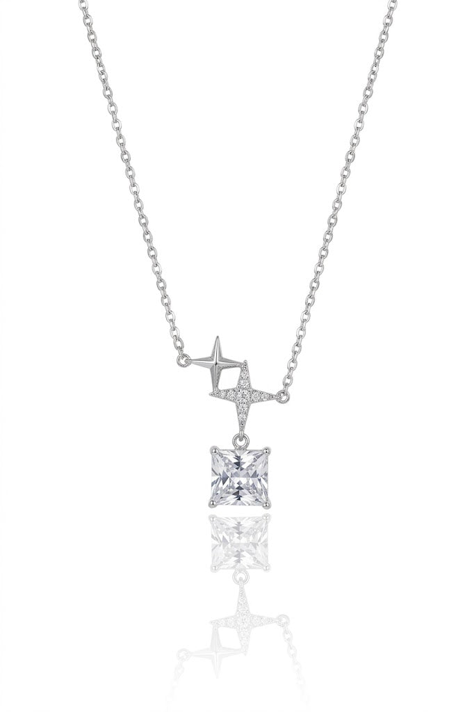 Silver Star Pendant Necklace with Princess Cut Diamond