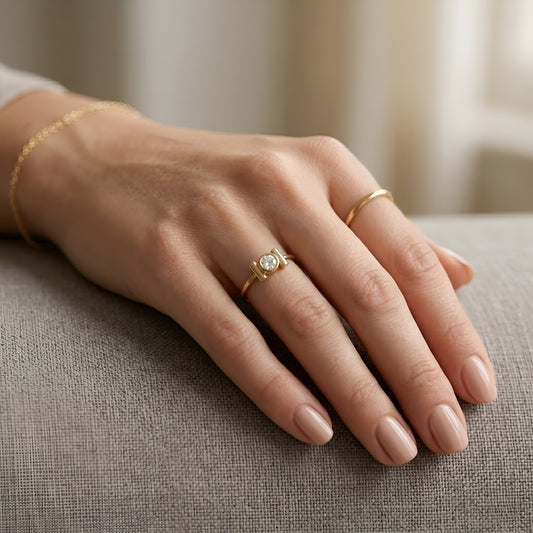 9KT Yellow Gold Round Moissanite Solitaire Ring Bezel Set Handmade Nakrani Gold