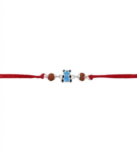 Adorable Bear Cub Silver Rakhi with Rudraksha Beads for Kids