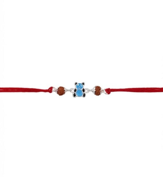 Adorable Bear Cub Silver Rakhi with Rudraksha Beads for Kids