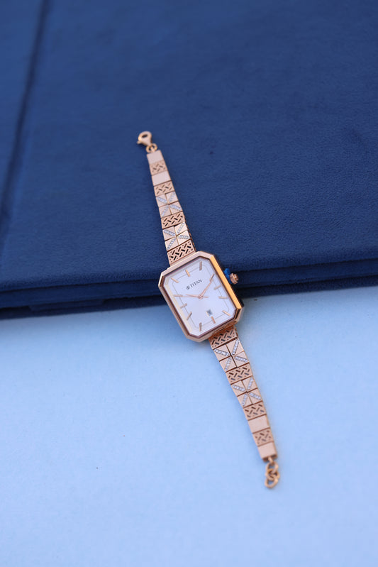 Titan Women's Watch with Geometric Gold Bracelet & American Diamond Embellishments