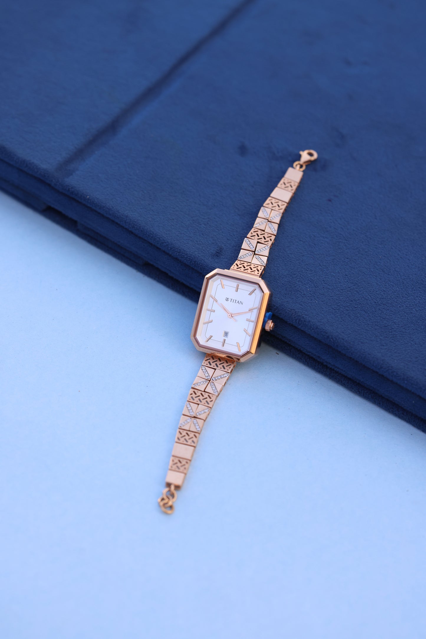 Titan Women's Watch with Geometric Gold Bracelet & American Diamond Embellishments