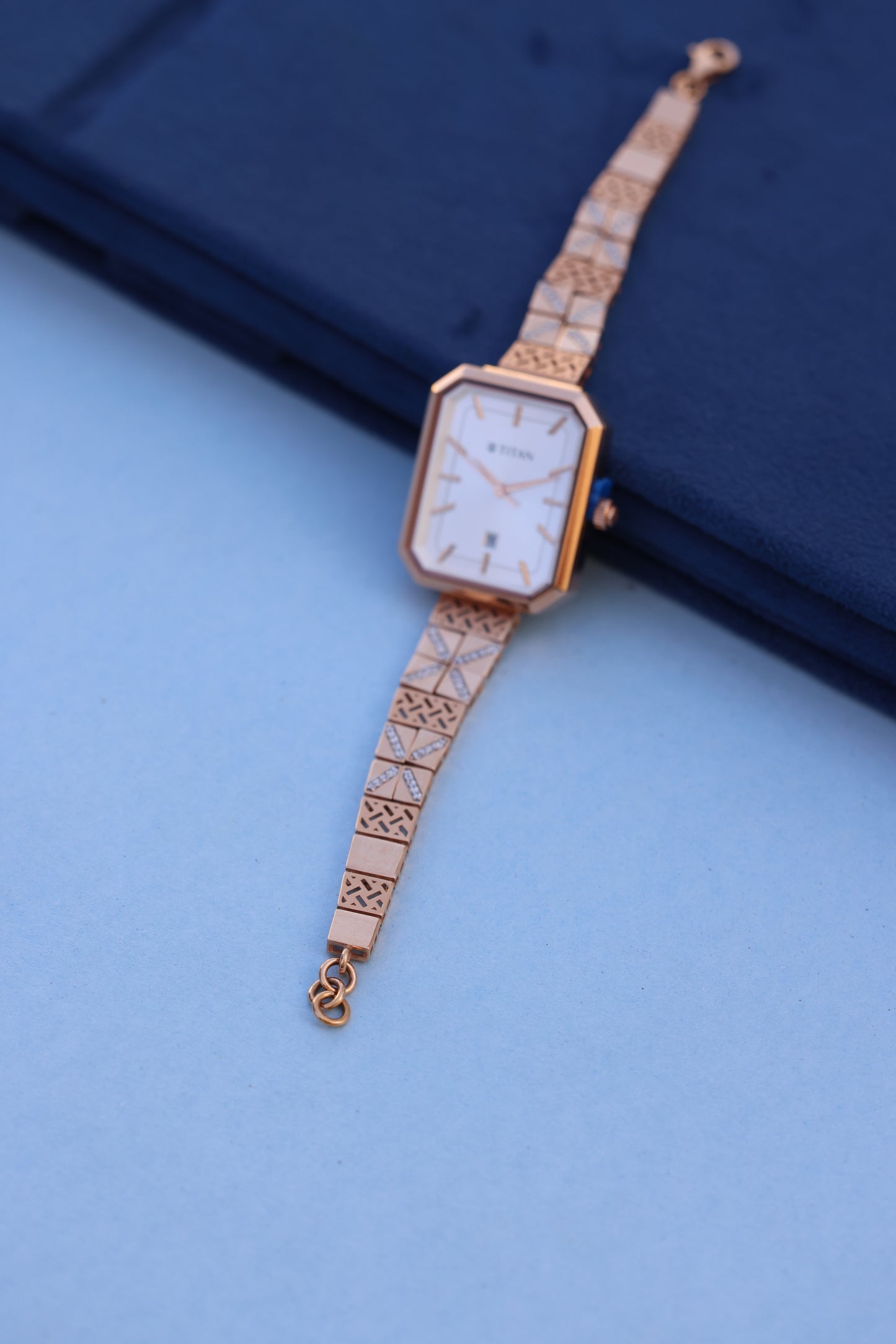 Titan Women's Watch with Geometric Gold Bracelet & American Diamond Embellishments