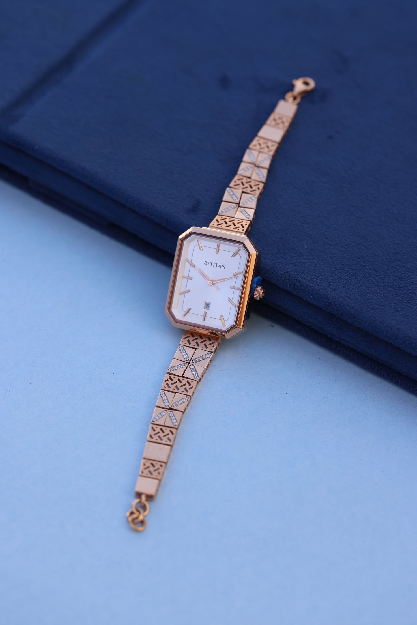 Titan Women's Watch with Geometric Gold Bracelet & American Diamond Embellishments