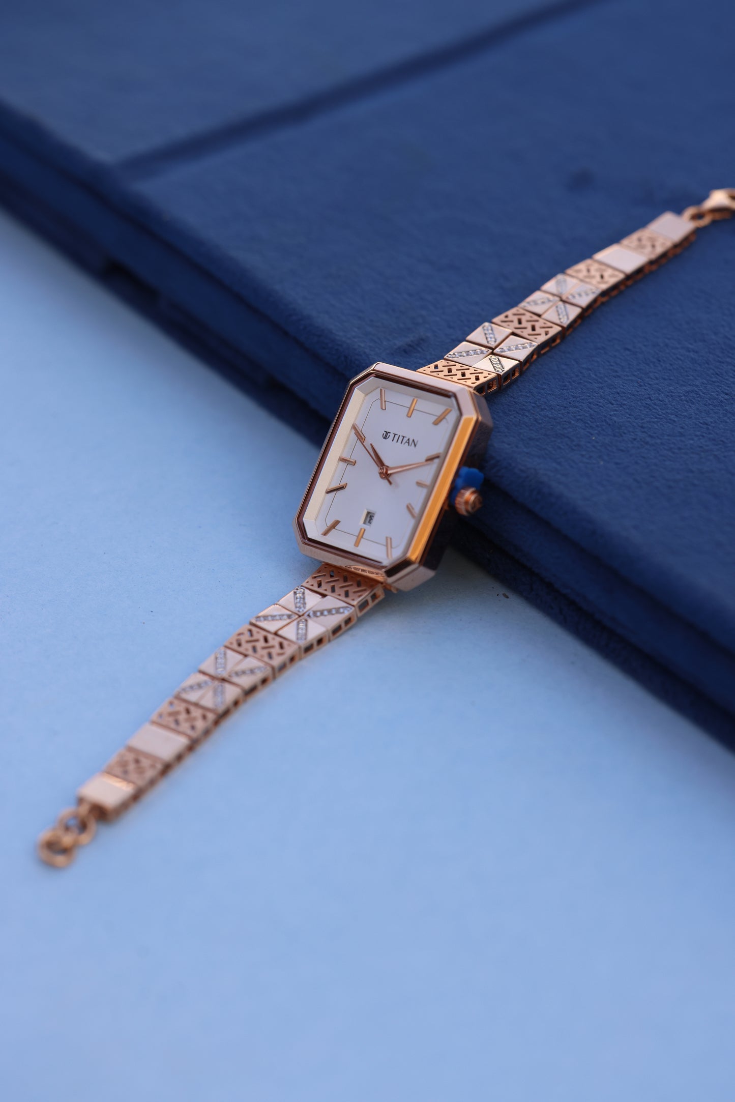 Titan Women's Watch with Geometric Gold Bracelet & American Diamond Embellishments