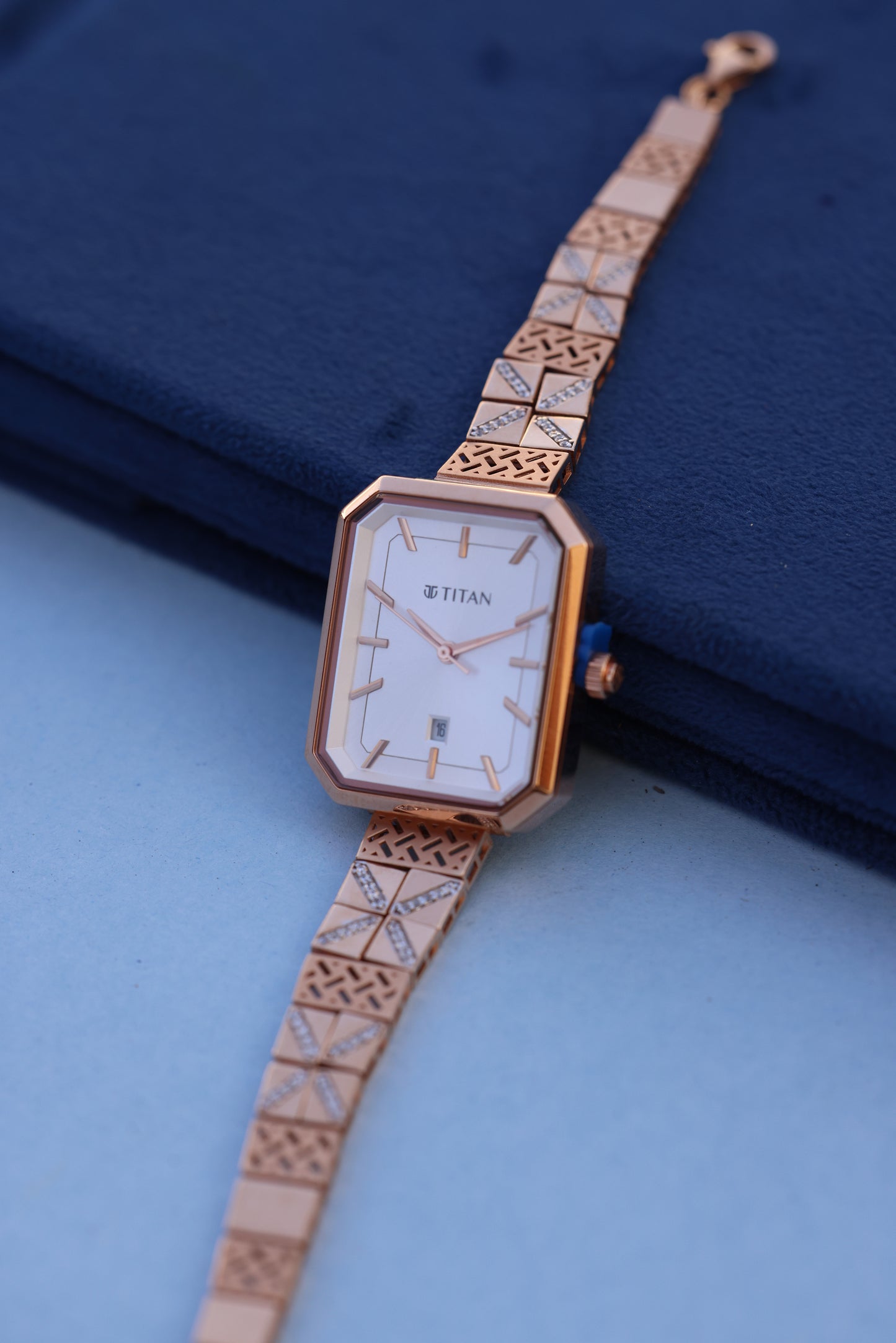 Titan Women's Watch with Geometric Gold Bracelet & American Diamond Embellishments