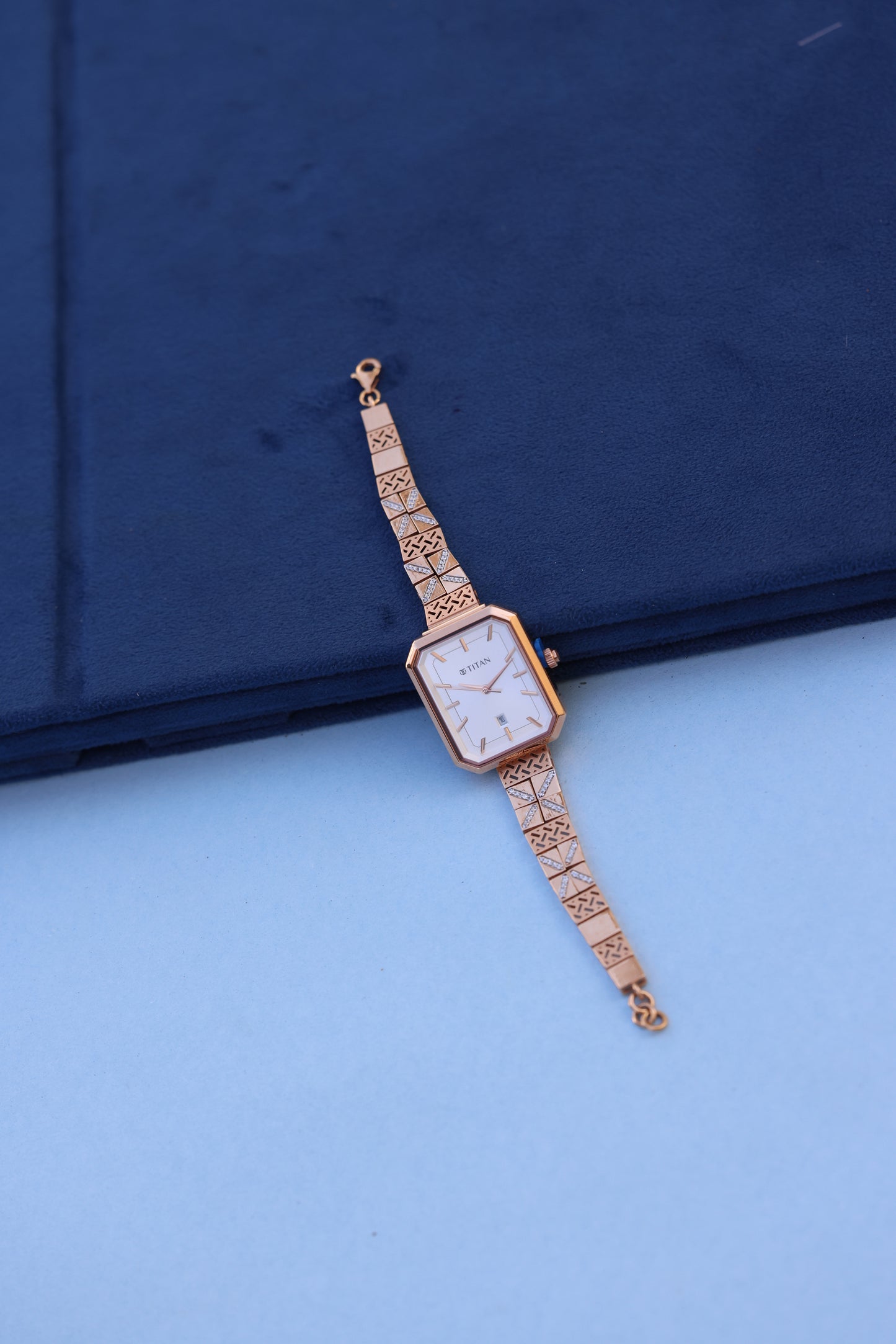 Titan Women's Watch with Geometric Gold Bracelet & American Diamond Embellishments