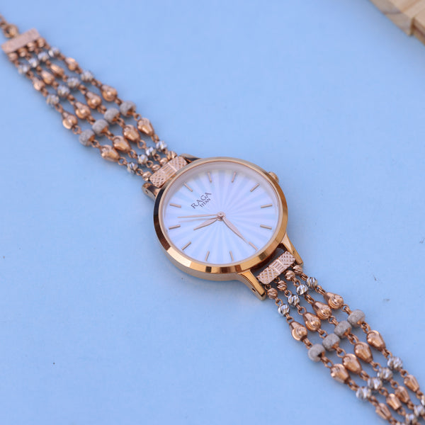 Elegant Raga Women’s Gold Watch – Designer Pearl Chain Strap | Premium Ethnic Style By Nakrani Gold