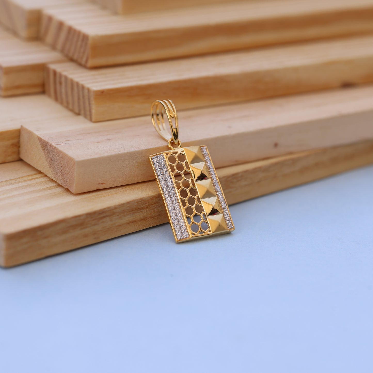 Gold-Tone Geometric Men Pendant with American Diamonds – Modern Rectangle Jewelry