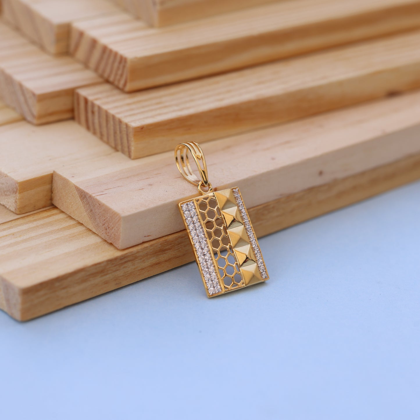 Gold-Tone Geometric Men Pendant with American Diamonds – Modern Rectangle Jewelry