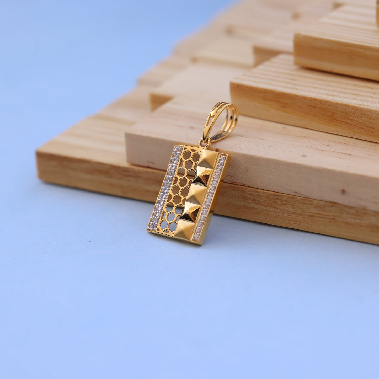 Gold-Tone Geometric Men Pendant with American Diamonds – Modern Rectangle Jewelry