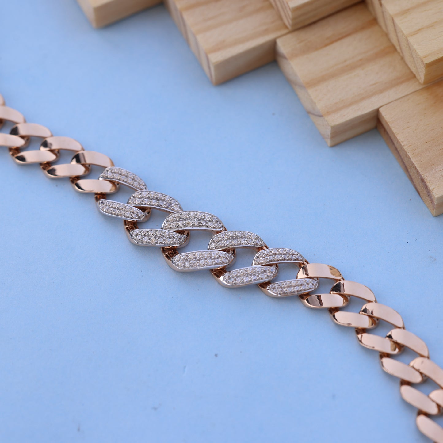 18kt Rose Gold Cuban Bracelet with American Diamond Luxury Designer Jewelry