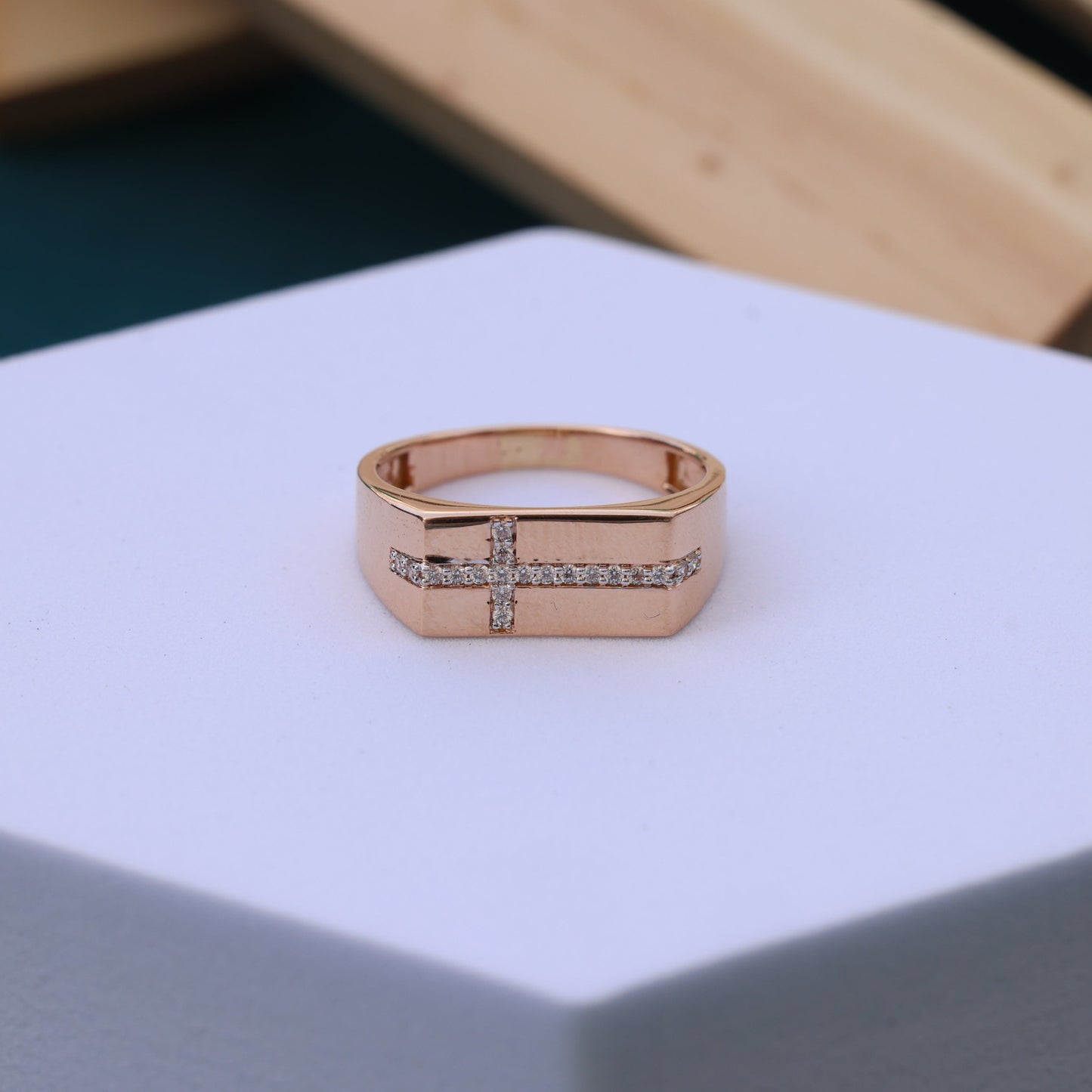 Stunning Rose Gold Cross Band Men Ring with Moissanite Diamonds