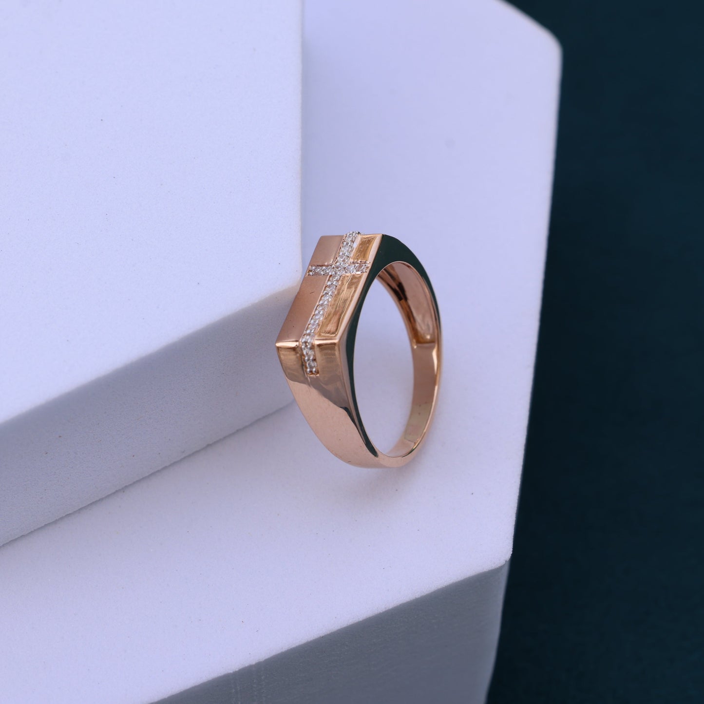 Stunning Rose Gold Cross Band Men Ring with Moissanite Diamonds