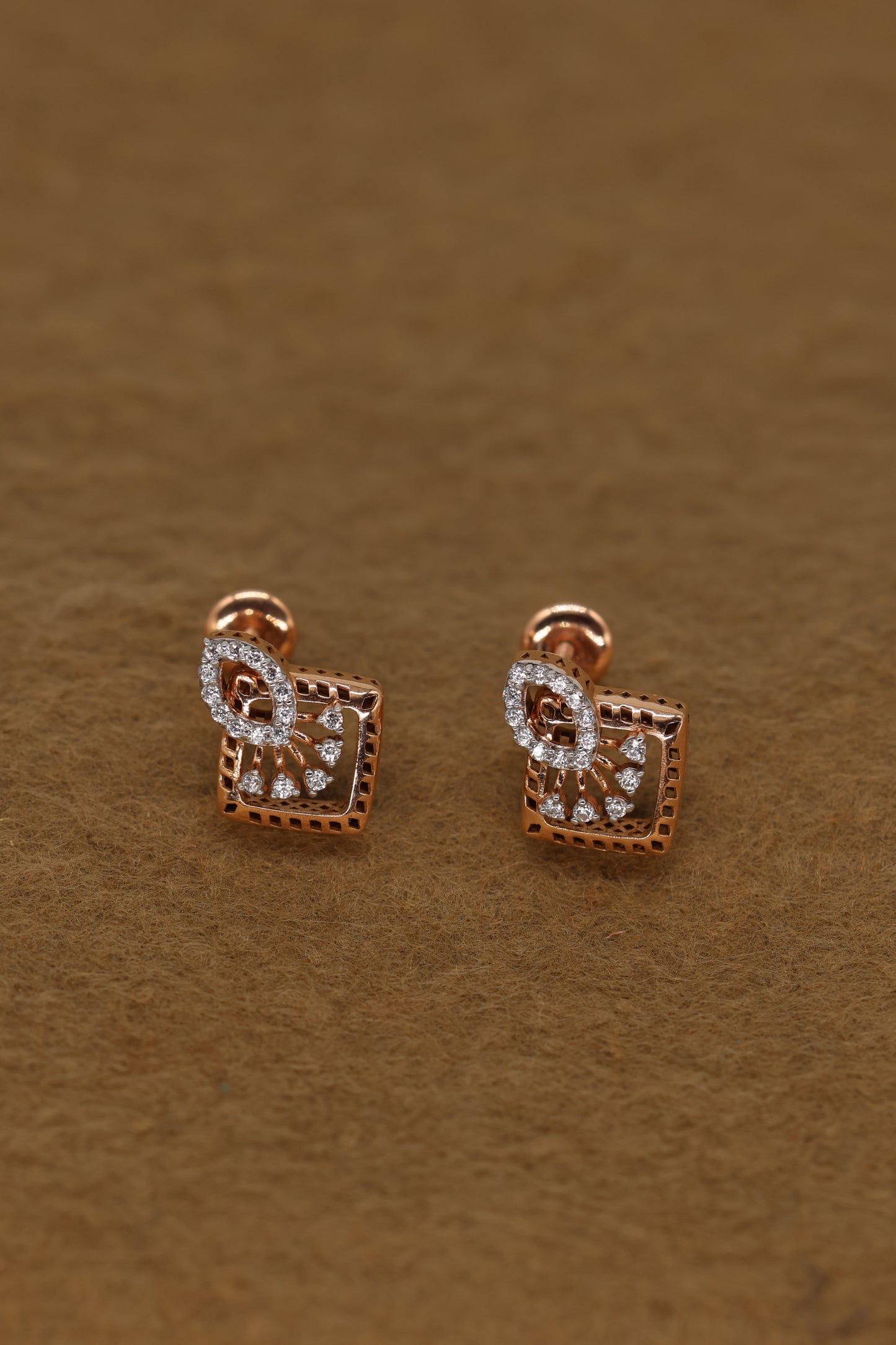 Exquisite Rose Gold Square Earrings with Intricate Diamond Accents