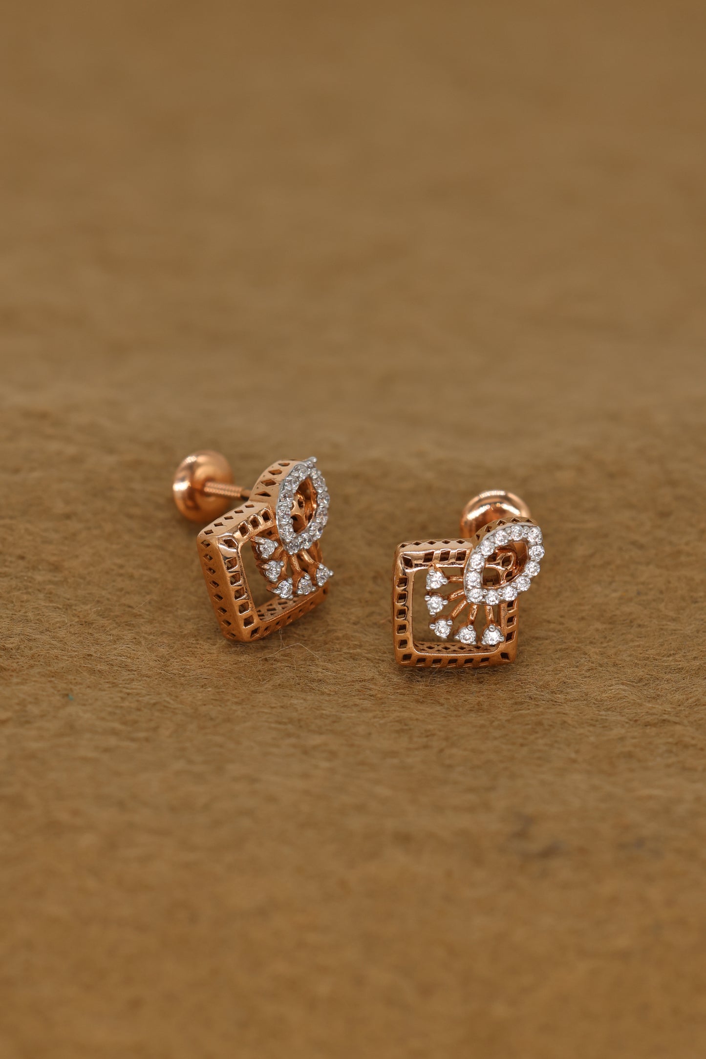 Exquisite Rose Gold Square Earrings with Intricate Diamond Accents