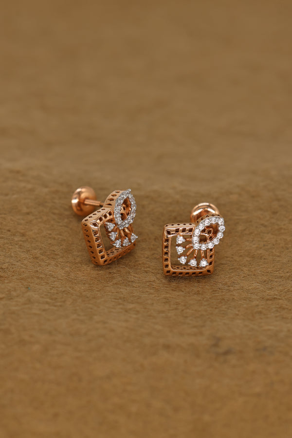 Exquisite Rose Gold Square Earrings with Intricate Diamond Accents