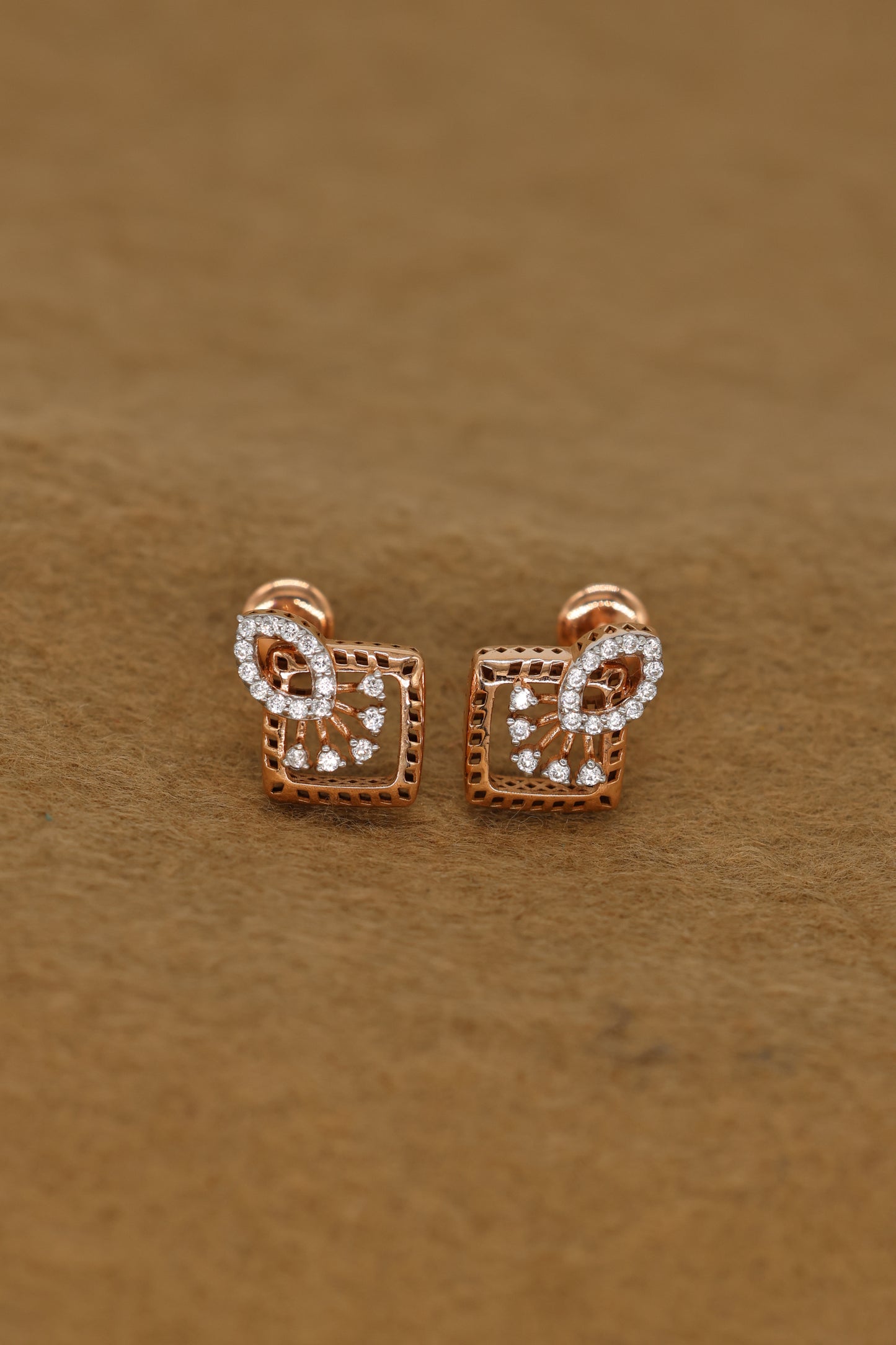 Exquisite Rose Gold Square Earrings with Intricate Diamond Accents