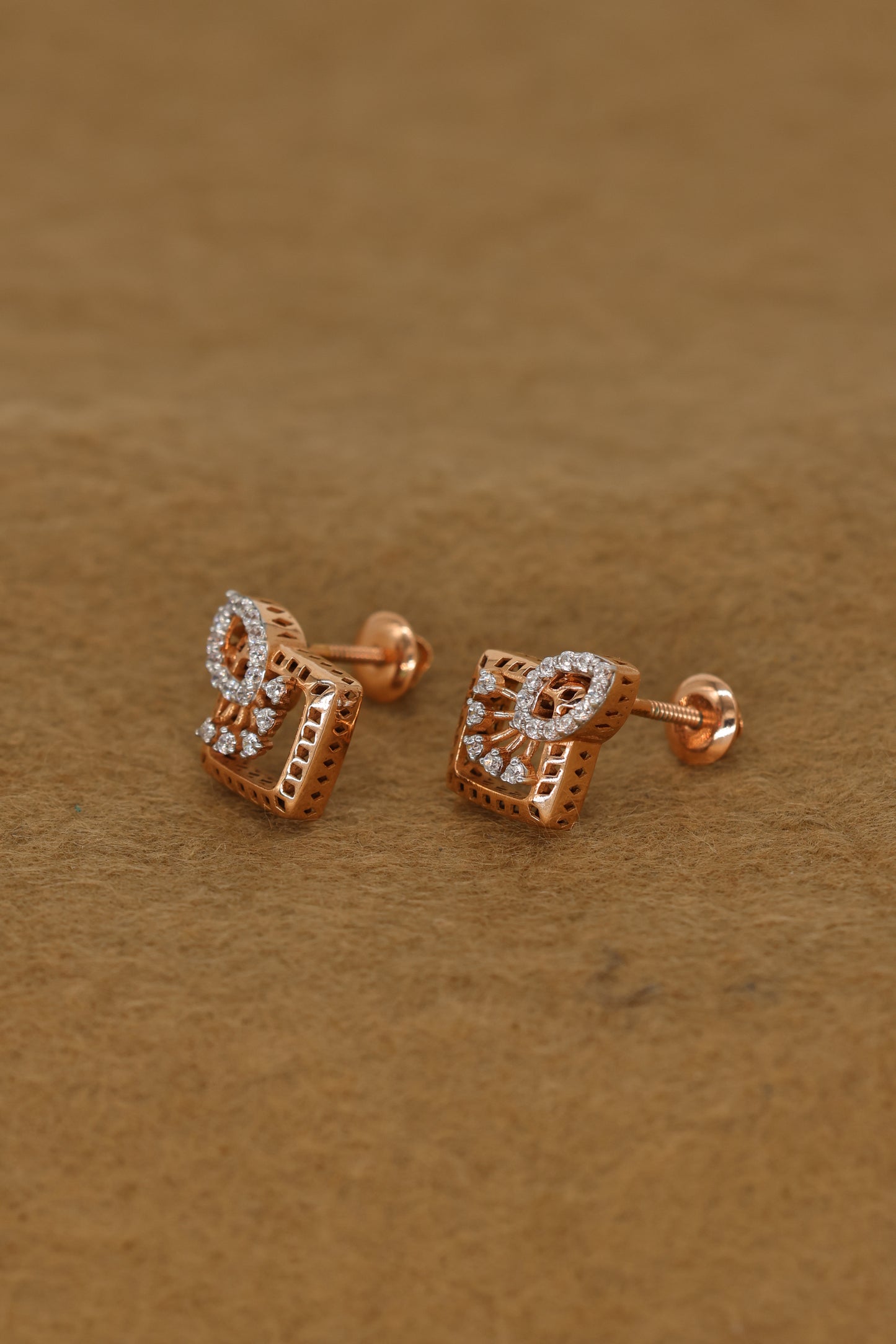 Exquisite Rose Gold Square Earrings with Intricate Diamond Accents