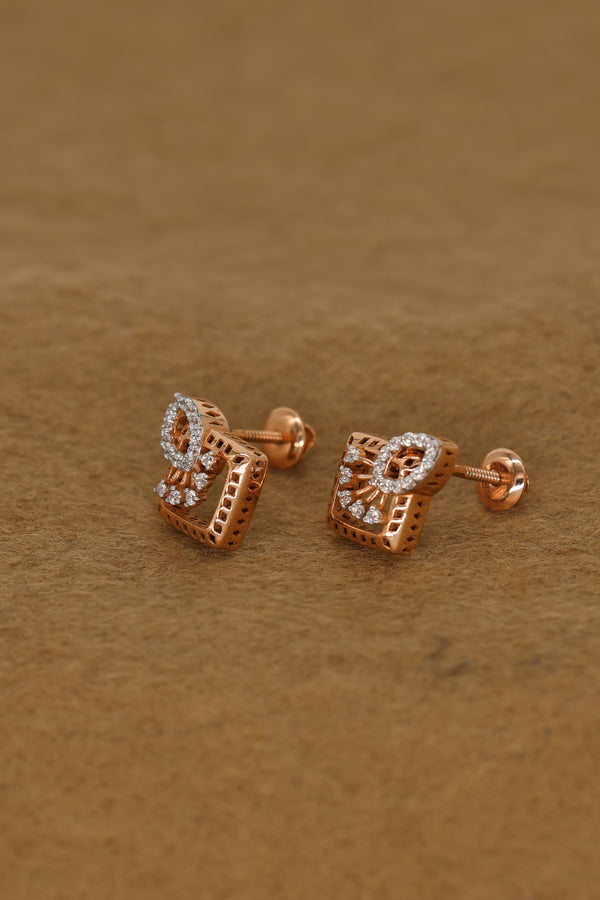 Exquisite Rose Gold Square Earrings with Intricate Diamond Accents