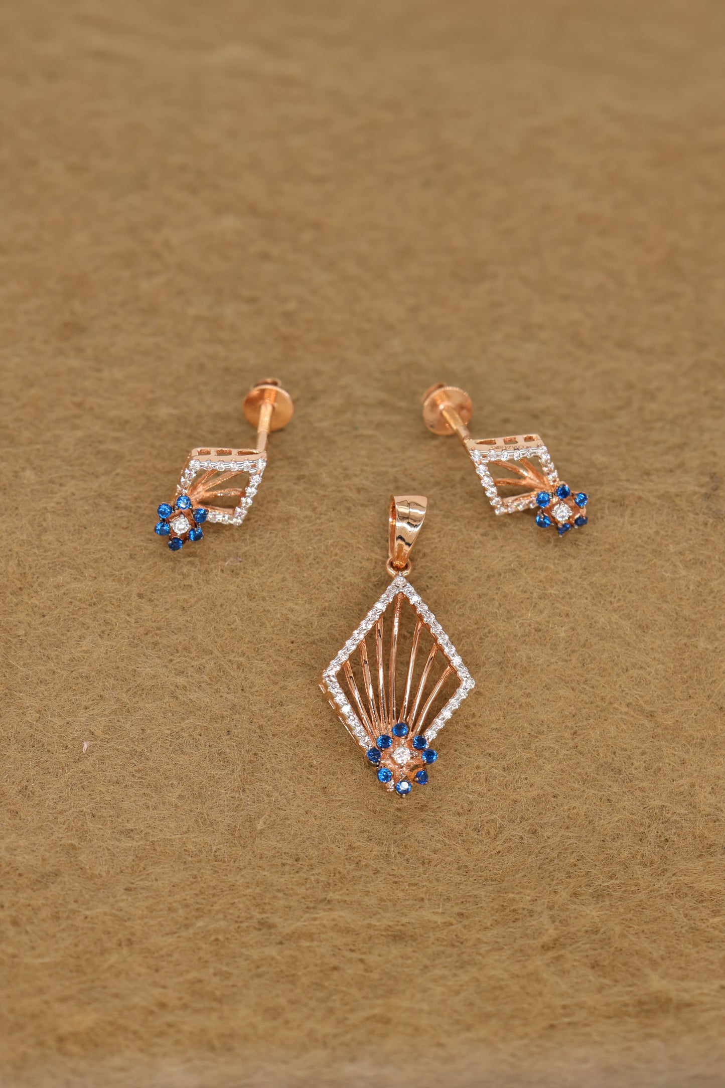 Rose Gold Diamond & Blue Sapphire Pendant and Earring Set – Art Deco Geometric Design