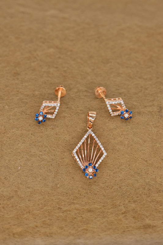 Rose Gold Diamond & Blue Sapphire Pendant and Earring Set – Art Deco Geometric Design