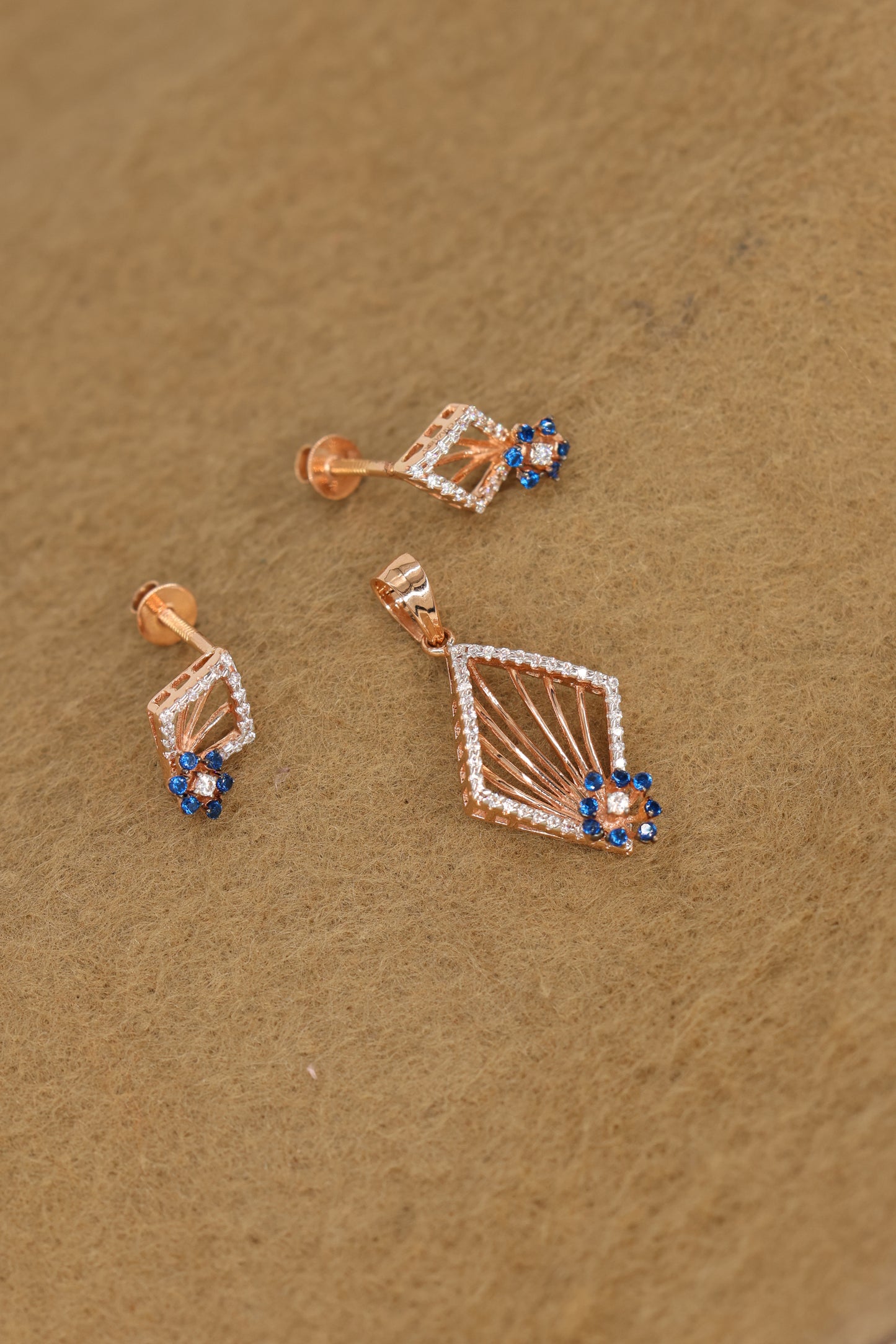 Rose Gold Diamond & Blue Sapphire Pendant and Earring Set – Art Deco Geometric Design