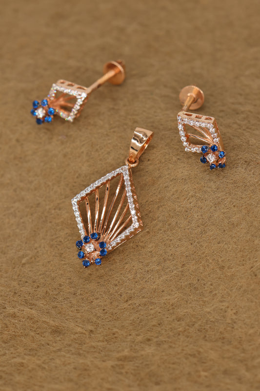 Rose Gold Diamond & Blue Sapphire Pendant and Earring Set – Art Deco Geometric Design