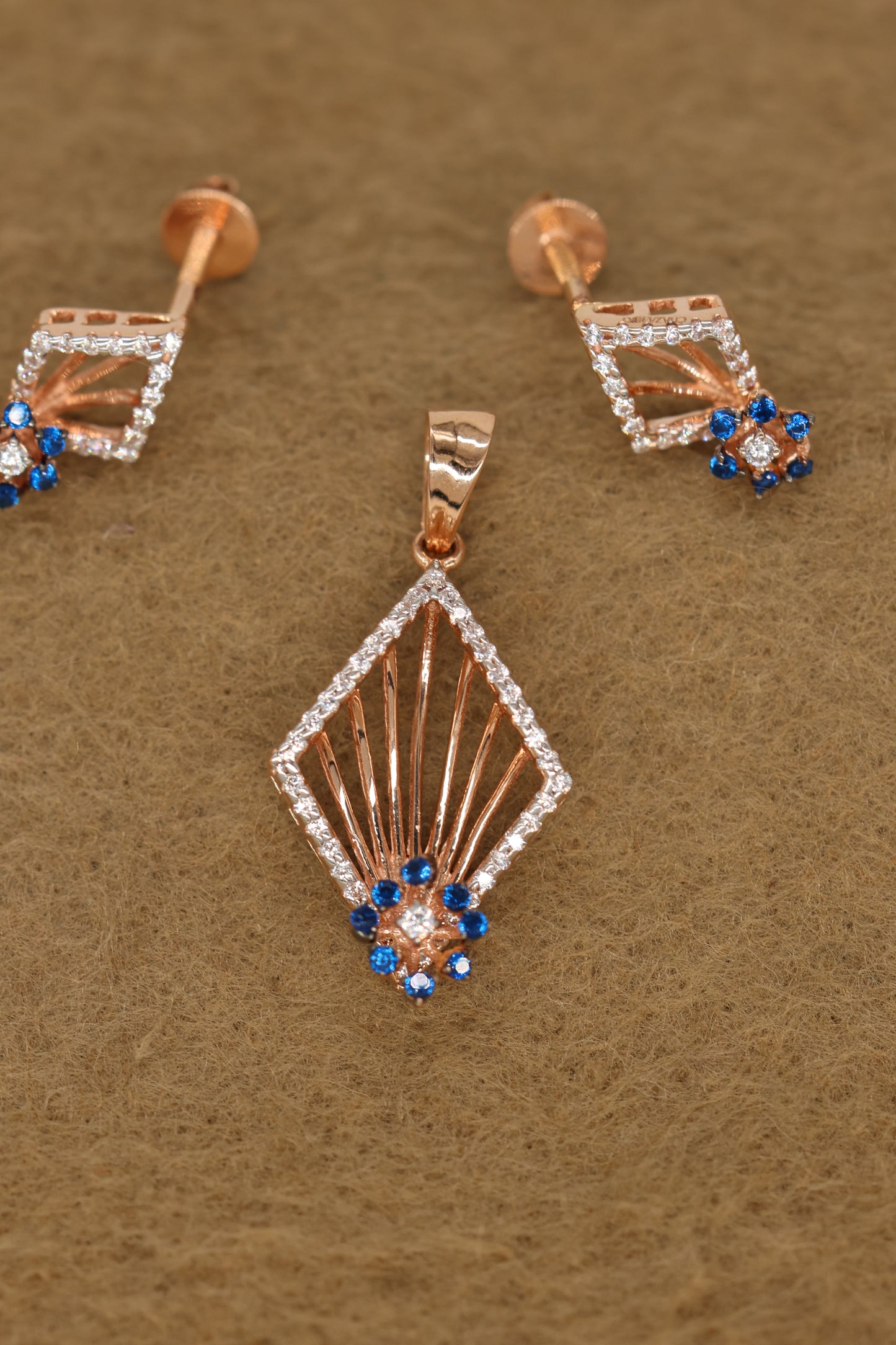 Rose Gold Diamond & Blue Sapphire Pendant and Earring Set – Art Deco Geometric Design