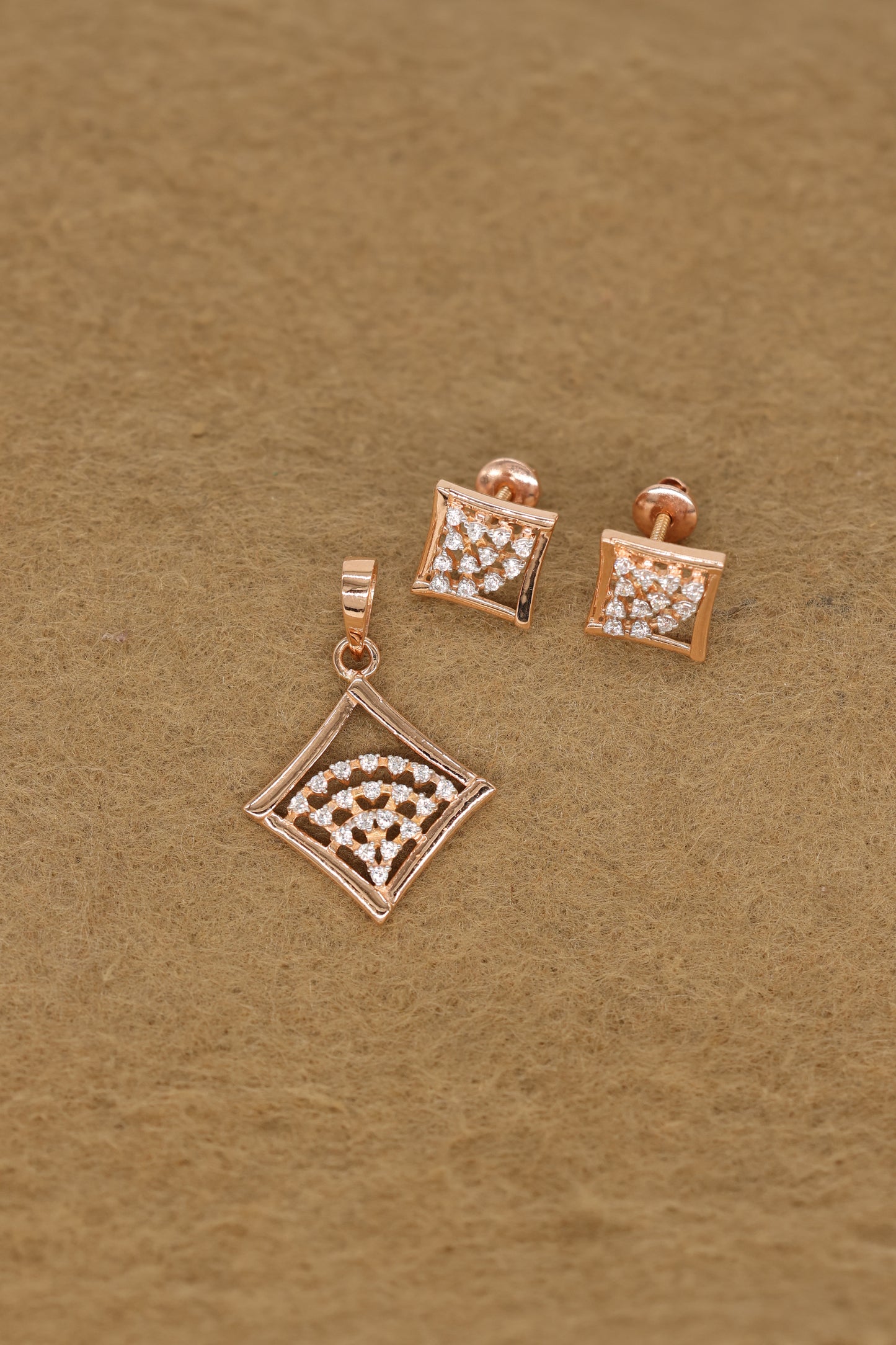 Rose Gold Diamond Square Pendant & Earring Set – Elegant Geometric Jewelry for Women