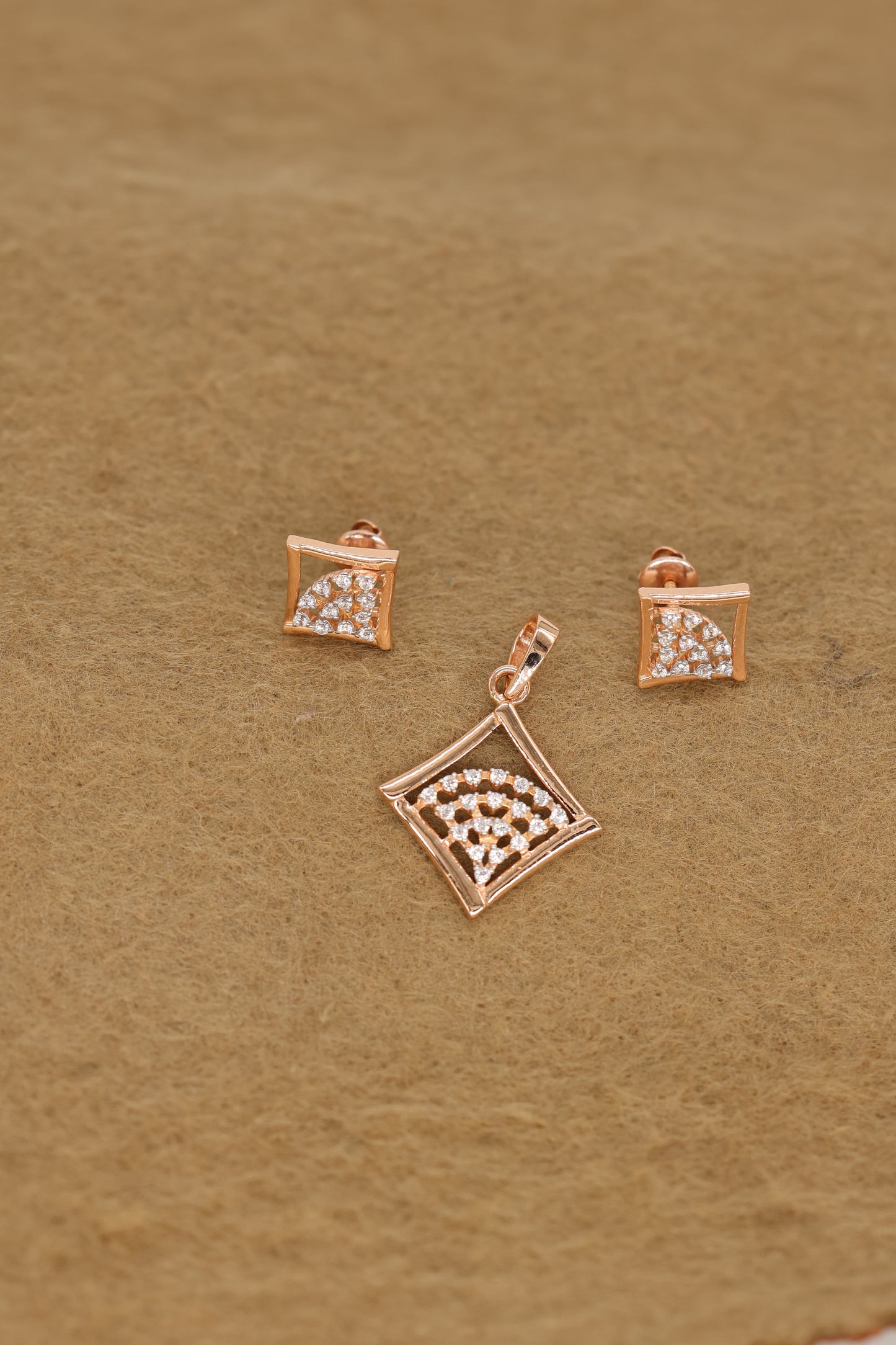 Rose Gold Diamond Square Pendant & Earring Set – Elegant Geometric Jewelry for Women