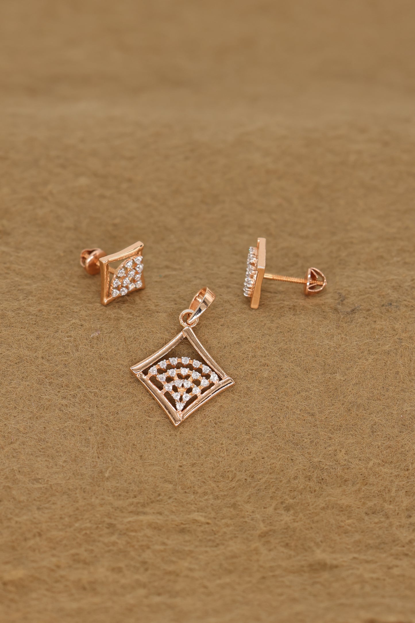 Rose Gold Diamond Square Pendant & Earring Set – Elegant Geometric Jewelry for Women
