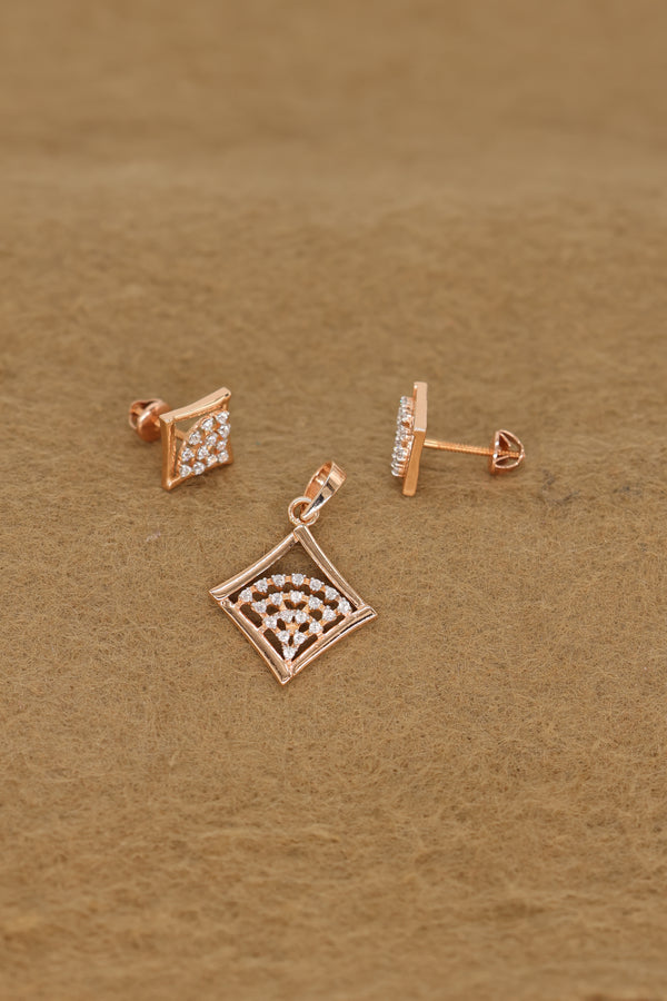 Rose Gold Diamond Square Pendant & Earring Set – Elegant Geometric Jewelry for Women