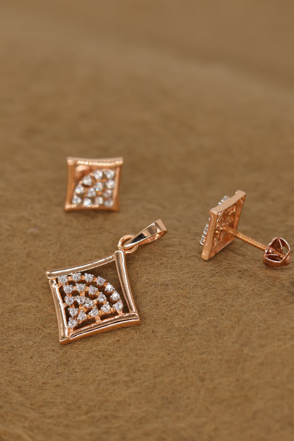Rose Gold Diamond Square Pendant & Earring Set – Elegant Geometric Jewelry for Women