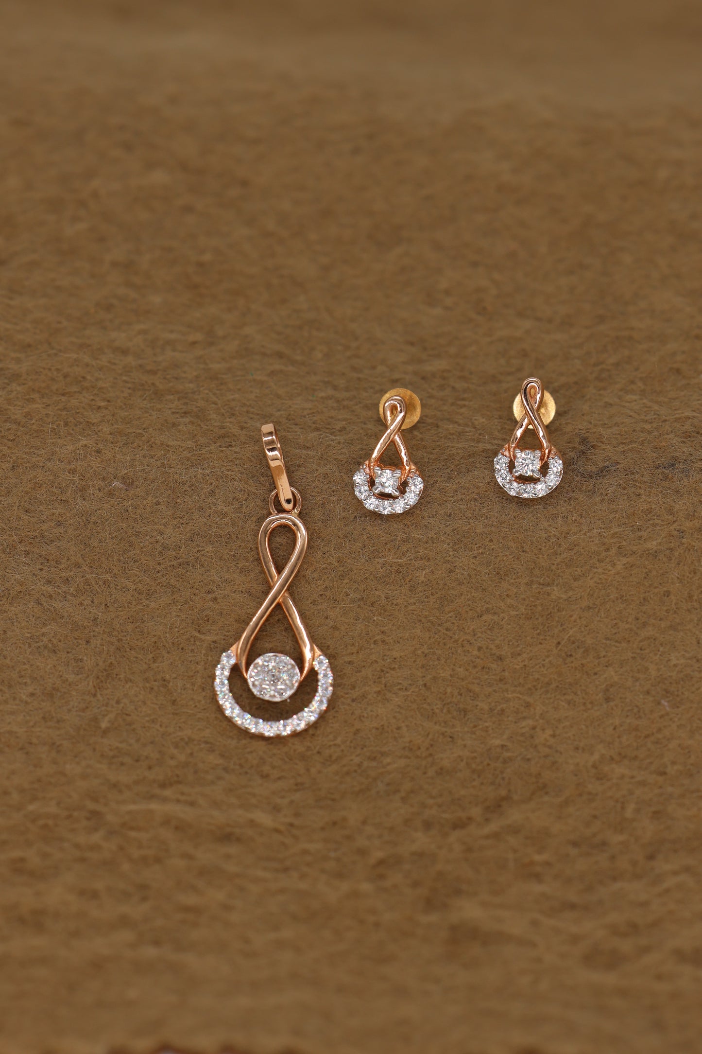 Rose Gold Infinity Pendant & Earring Set with Brilliant Diamond Accents