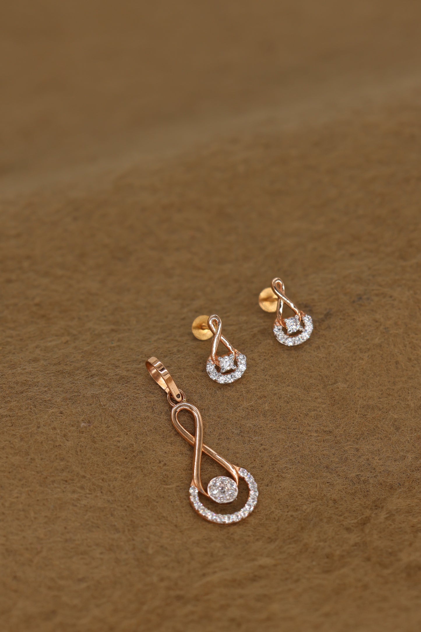 Rose Gold Infinity Pendant & Earring Set with Brilliant Diamond Accents