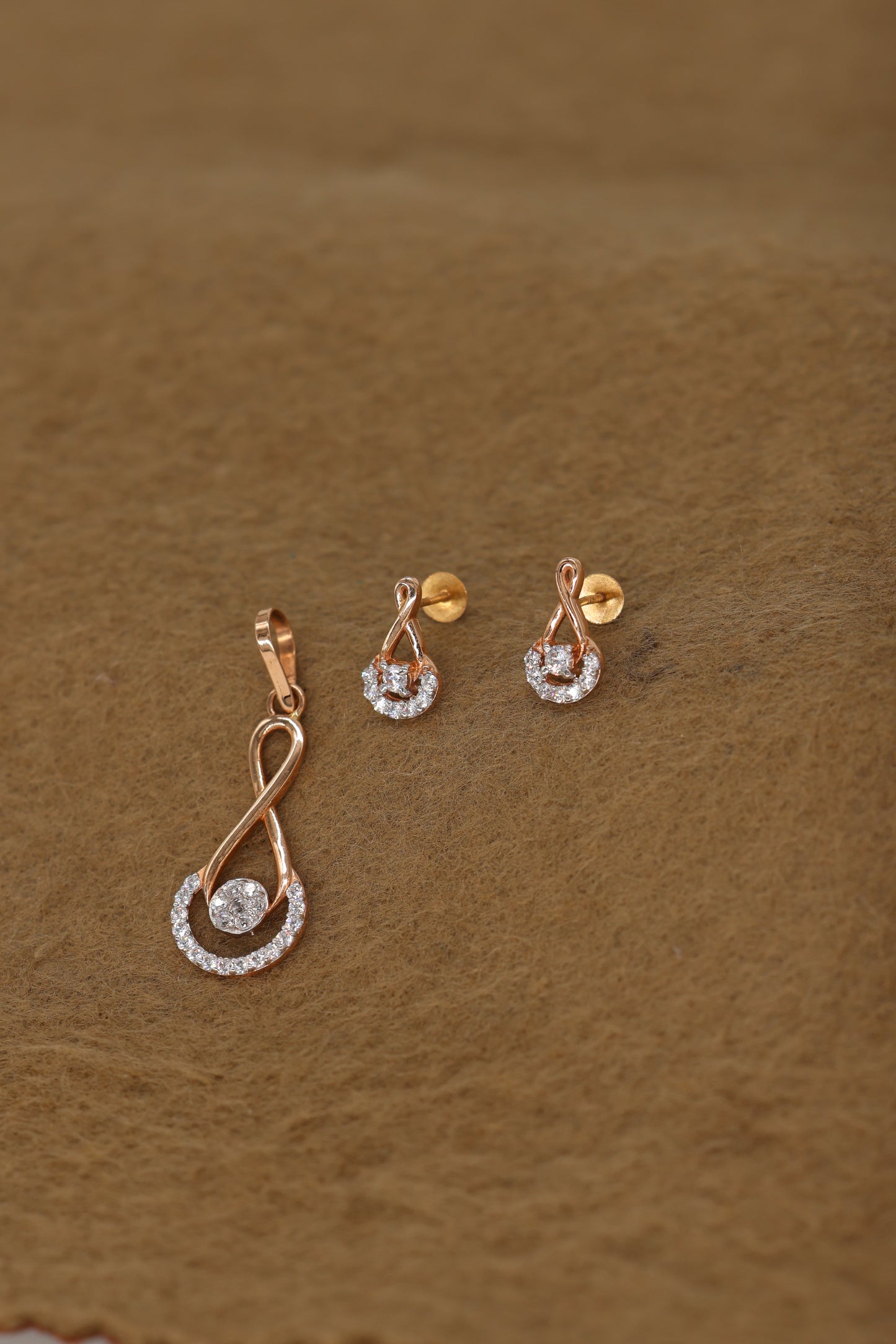 Rose Gold Infinity Pendant & Earring Set with Brilliant Diamond Accents