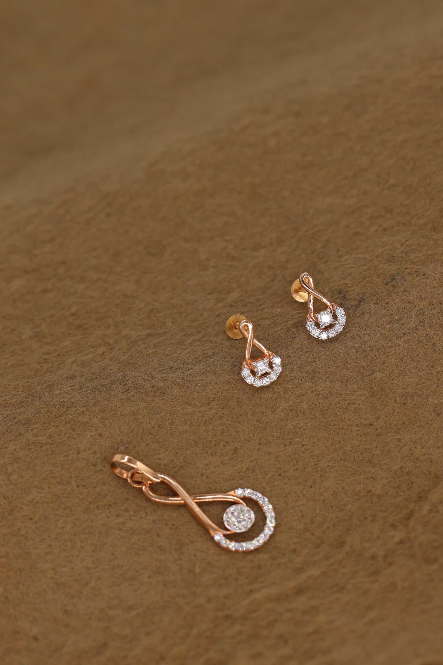 Rose Gold Infinity Pendant & Earring Set with Brilliant Diamond Accents
