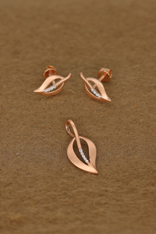 Elegant Rose Gold Leaf Design Jewelry Set with American Diamonds – Pendant and Earrings
