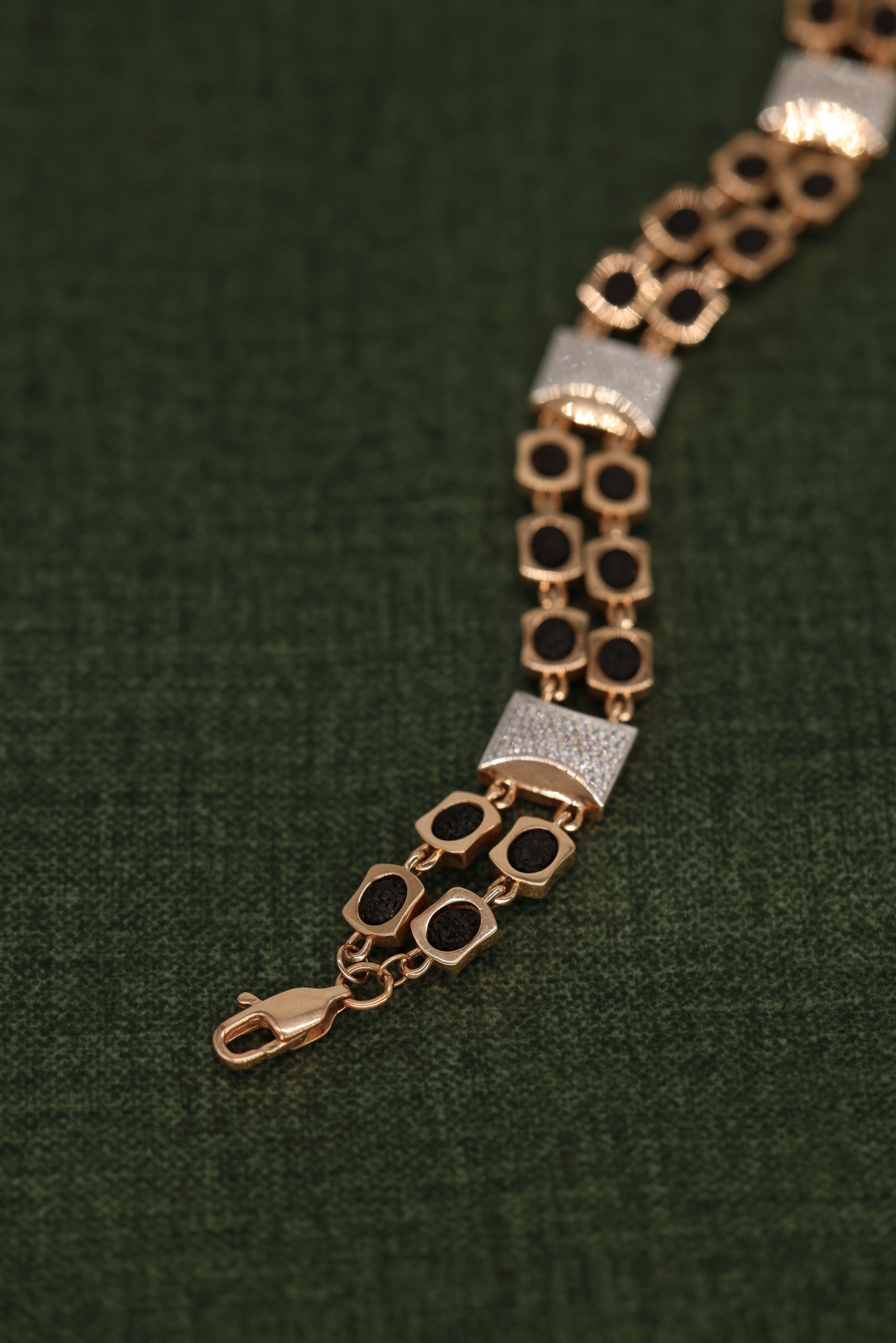 Gold and Black Rudraksha Bracelet with Textured Accent Bars – Spiritual Energy and Elegant Style